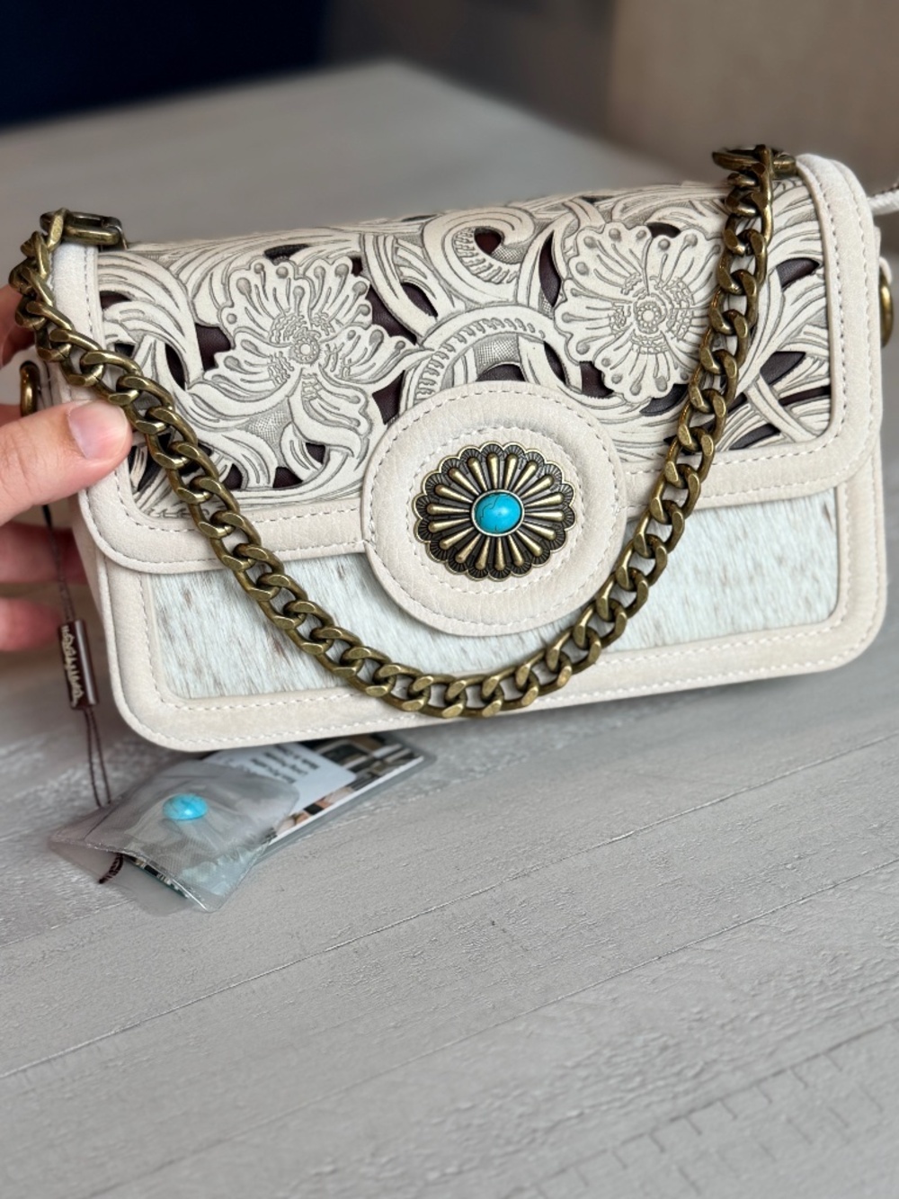 Trinity Ranch Cowhide Floral Cutout Crossbody Bag Tan